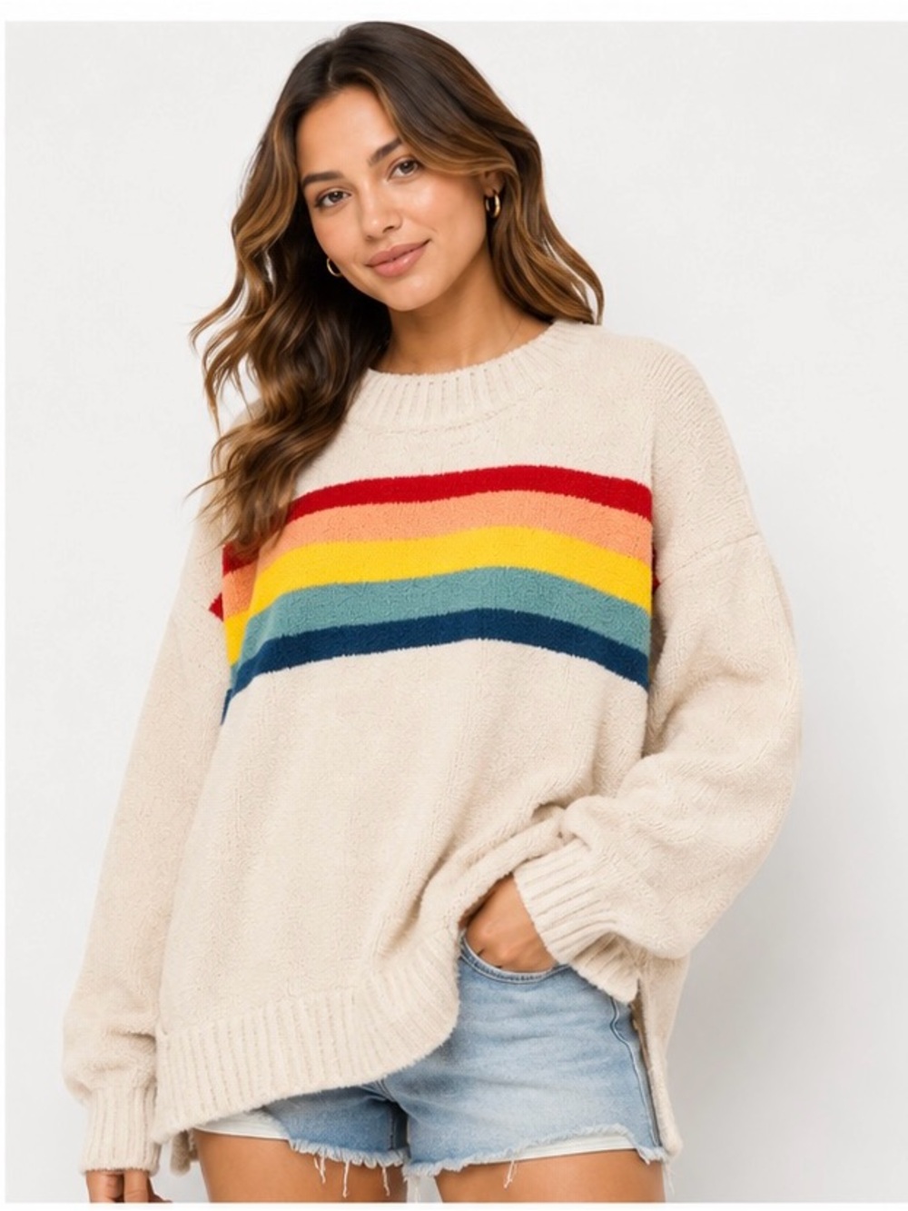 American Eagle Oversized Rainbow Stripe Cozy Plush Sweater XS